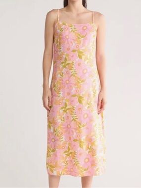 Billabong Golden Hour Floral Maxi Dress Back Slit Medium Summer Hippie Festival